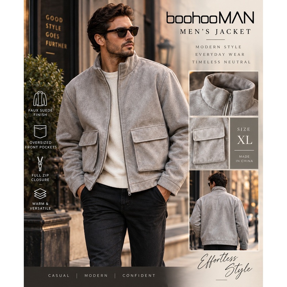 boohooMAN Mens Faux Suede Zip Up Jacket Sand XL Funnel Neck Utility Pocket